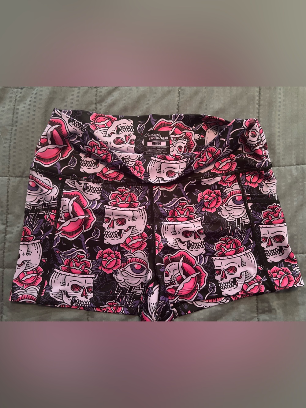 Constantly Varied Gear Black Shorts with Pink Skull & Rose Print 2.5” inseam